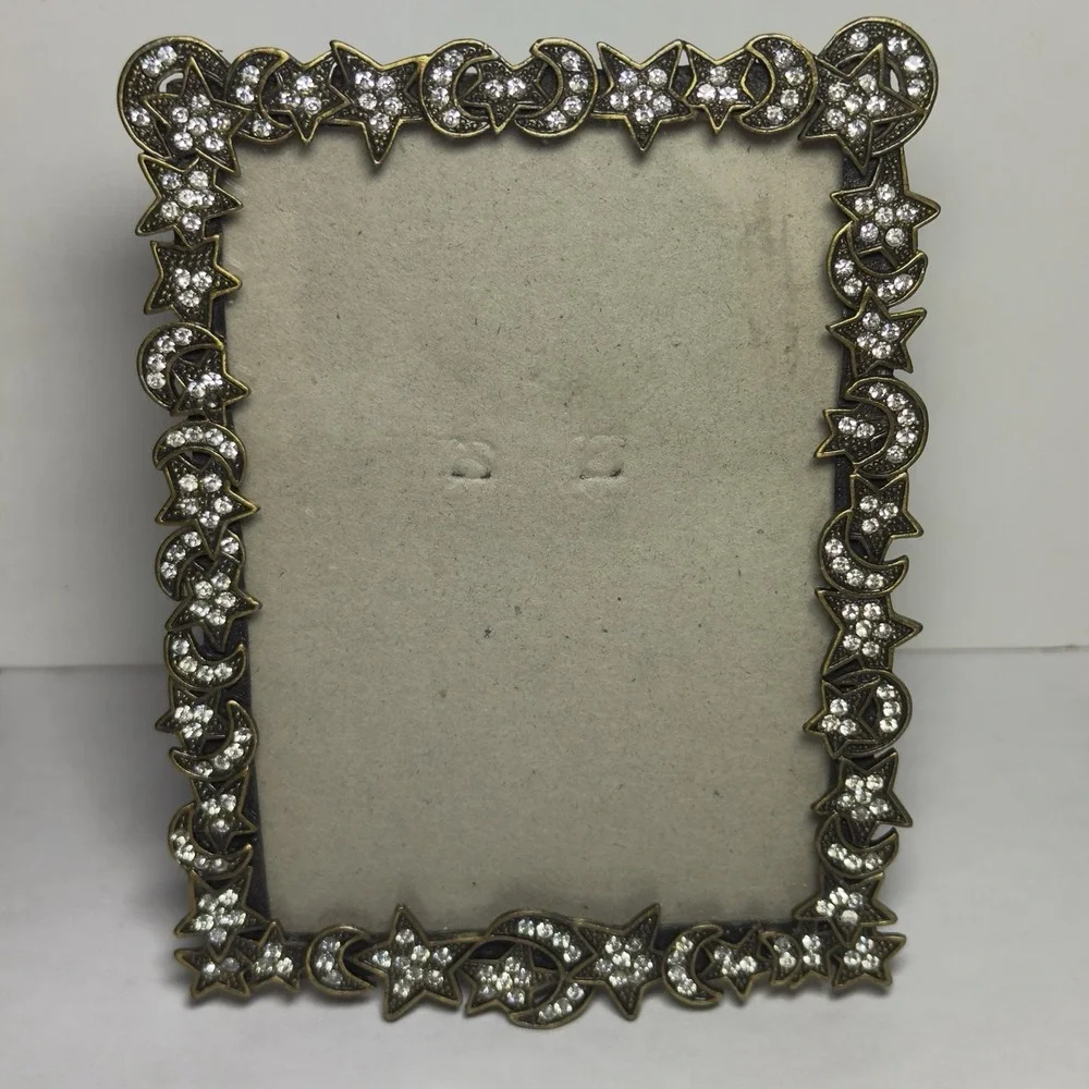 Vtg‎ Crystal Celestial Photo Frame Moon Stars Rhinestones Brass Metal Picture